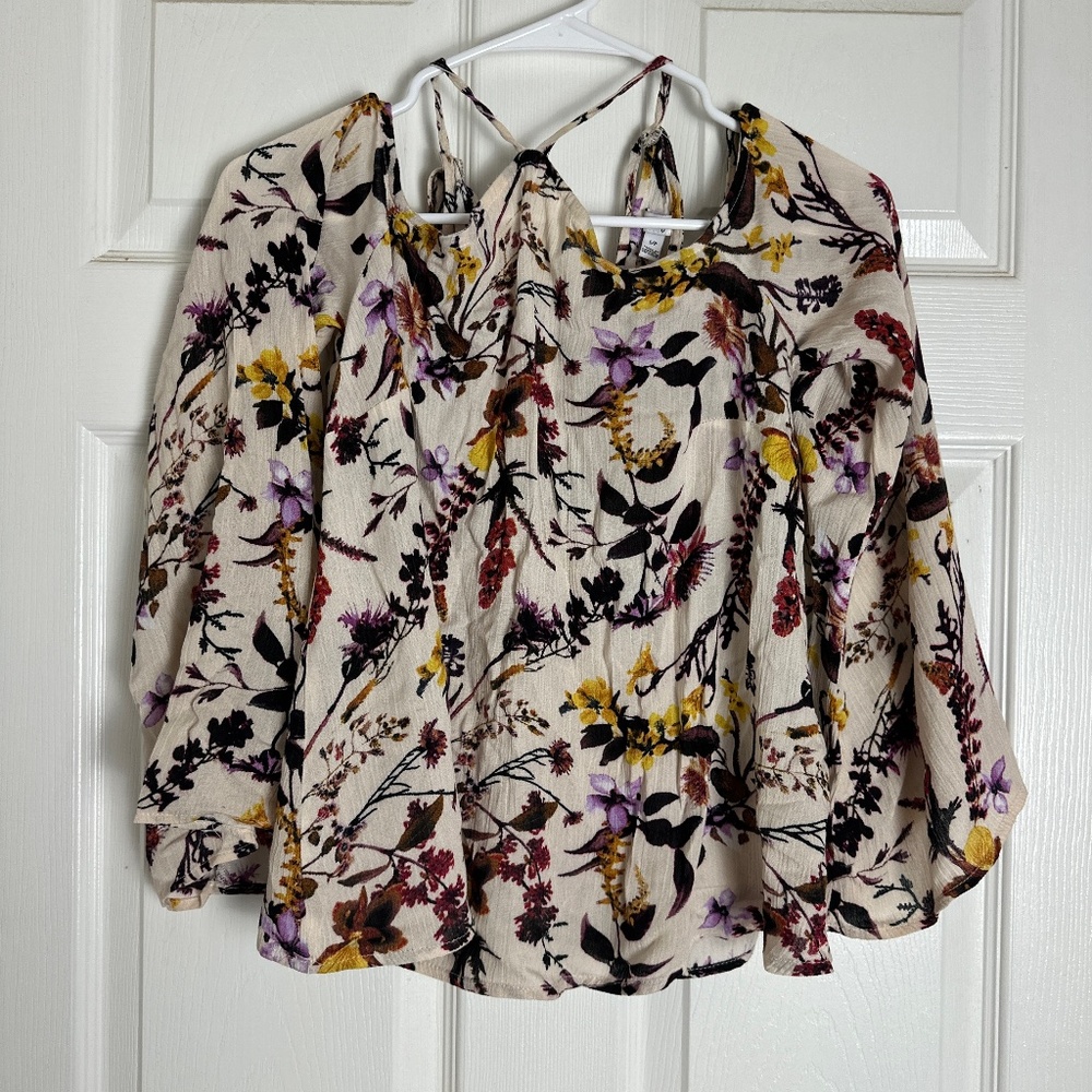 ! Love, Fire Beige Floral Lightweight Cold Shoulder 2016 Boho Top Women Size S